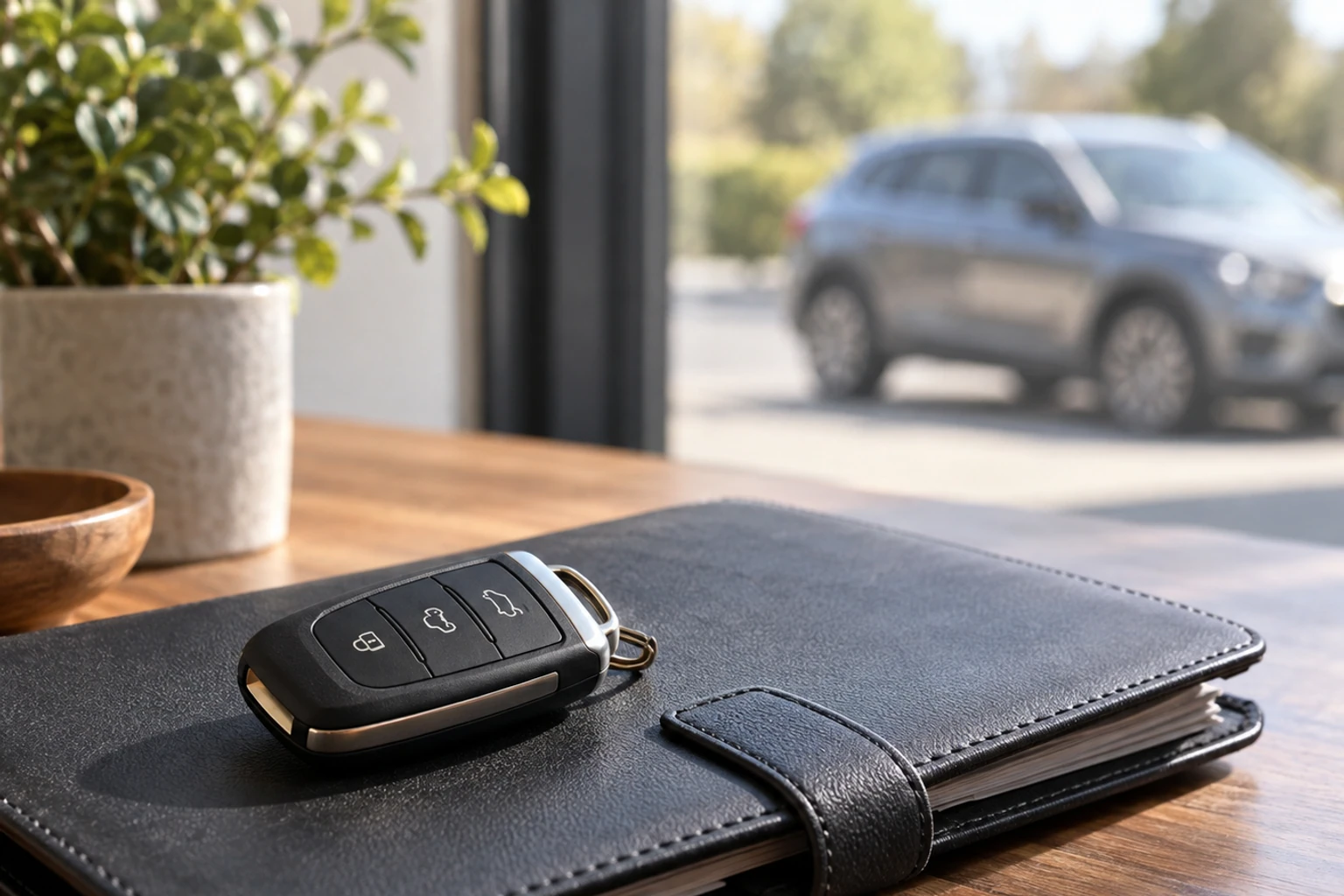 Clés de voiture posées sur un carnet en cuir, SUV flou à l'extérieur