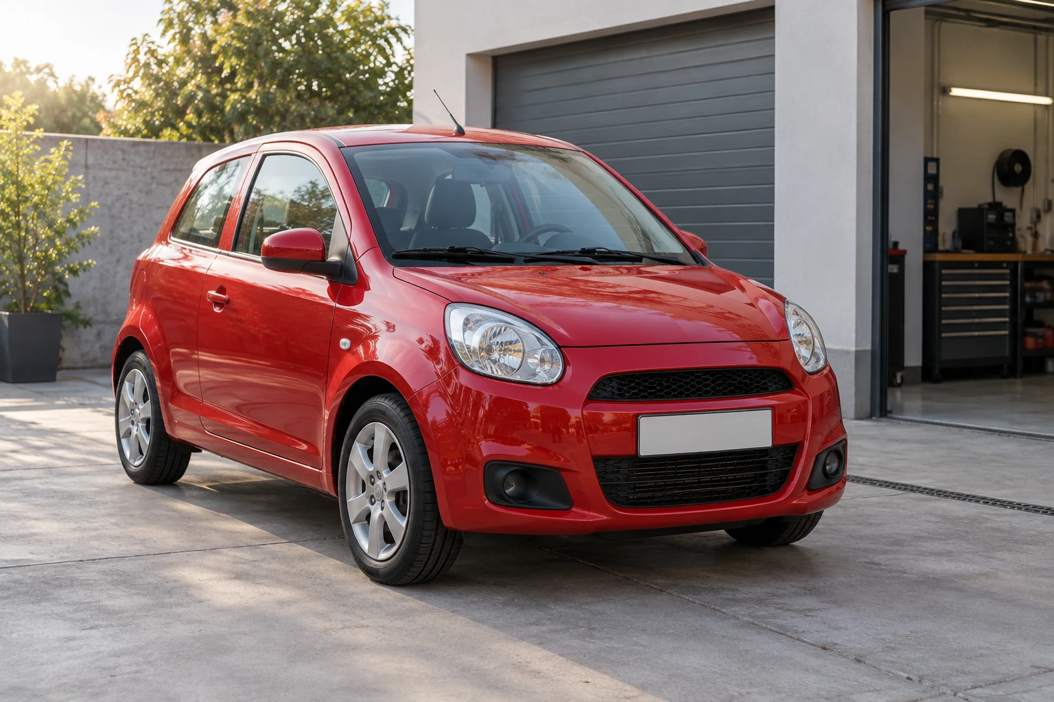 Petite voiture citadine rouge garée devant un garage sous lumière du soir