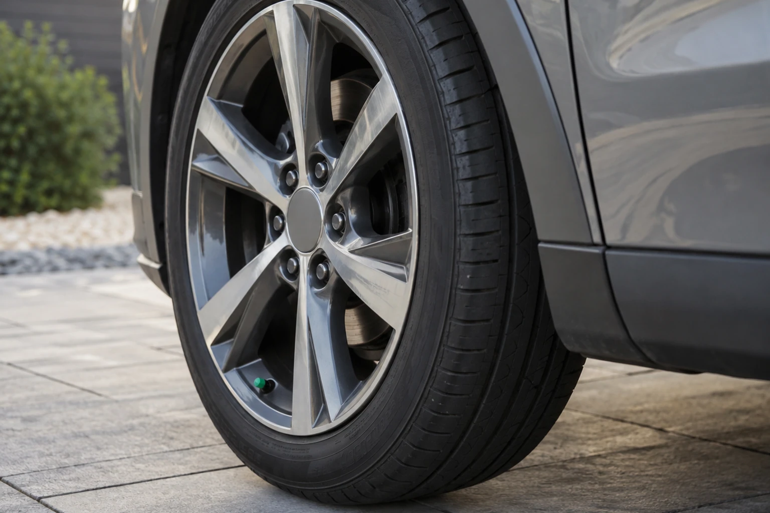 Gros plan d'une roue de voiture avec valve de pneu au sol pavé